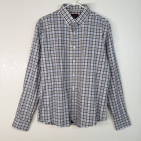 Untuckit Salento White Navy Plaid Button Up Long Sleeve MEDIUM Wrinkle Free - Picture 2 of 10